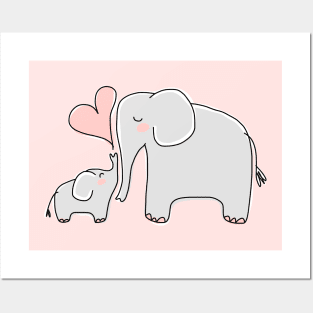 Mom and Baby Elephant with Pink Heart Posters and Art